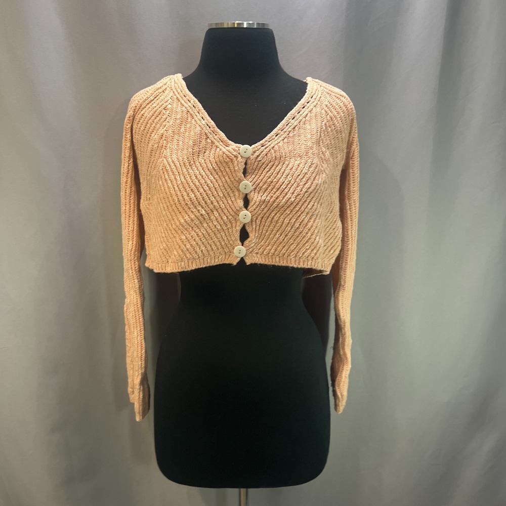 Asos Design Cropped Cardigan Sweater Womens 10 Beige Cable Stitch Detail V Neck